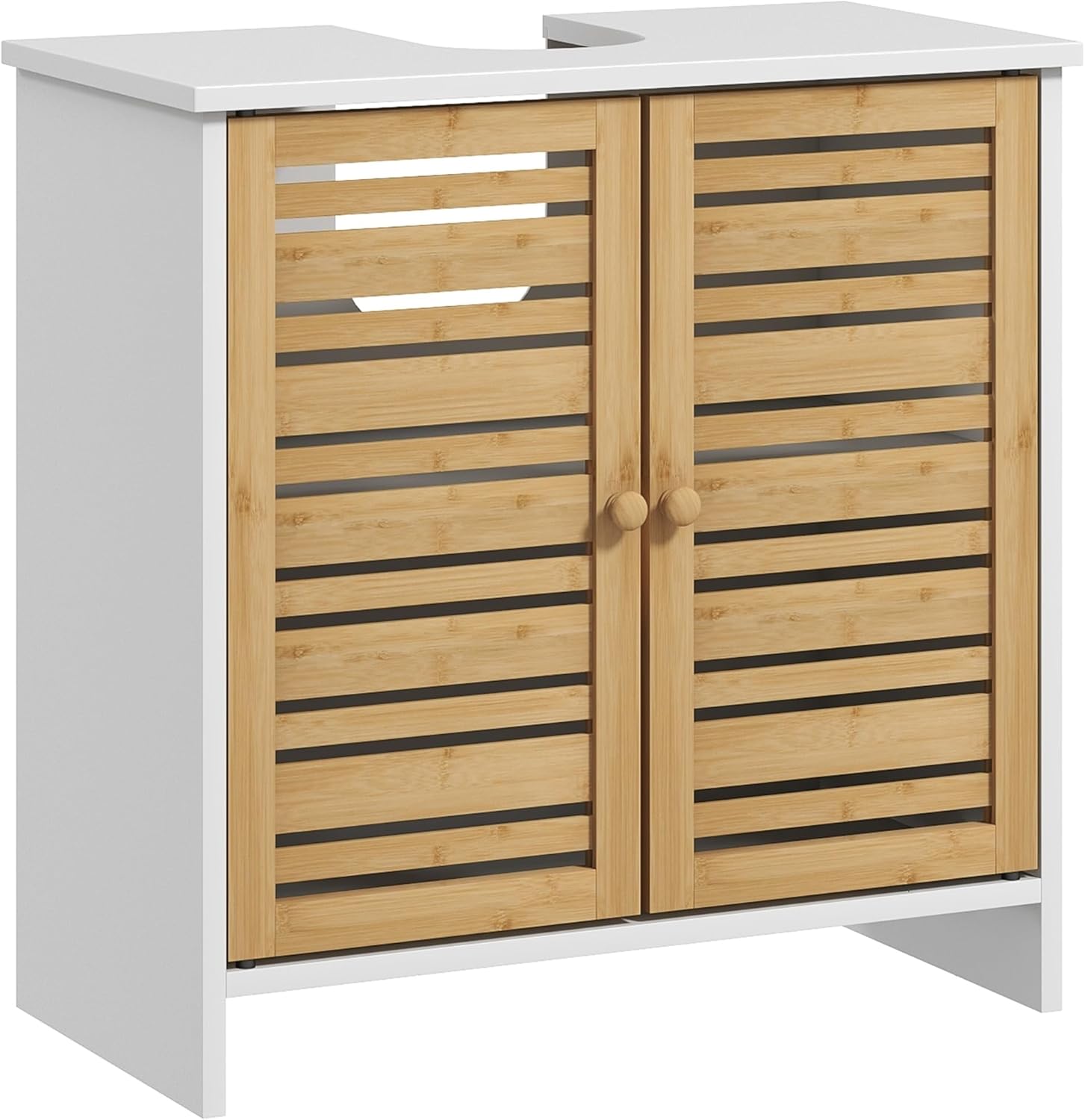 HOMCOM Waschtischunterschrank, Badezimmerschrank, 2 Türen, mit verstellbarem Regal, Aufbewahrungsschrank für Waschbecken, 60 x 30 x 60 cm, Bambus, Natur und weiß