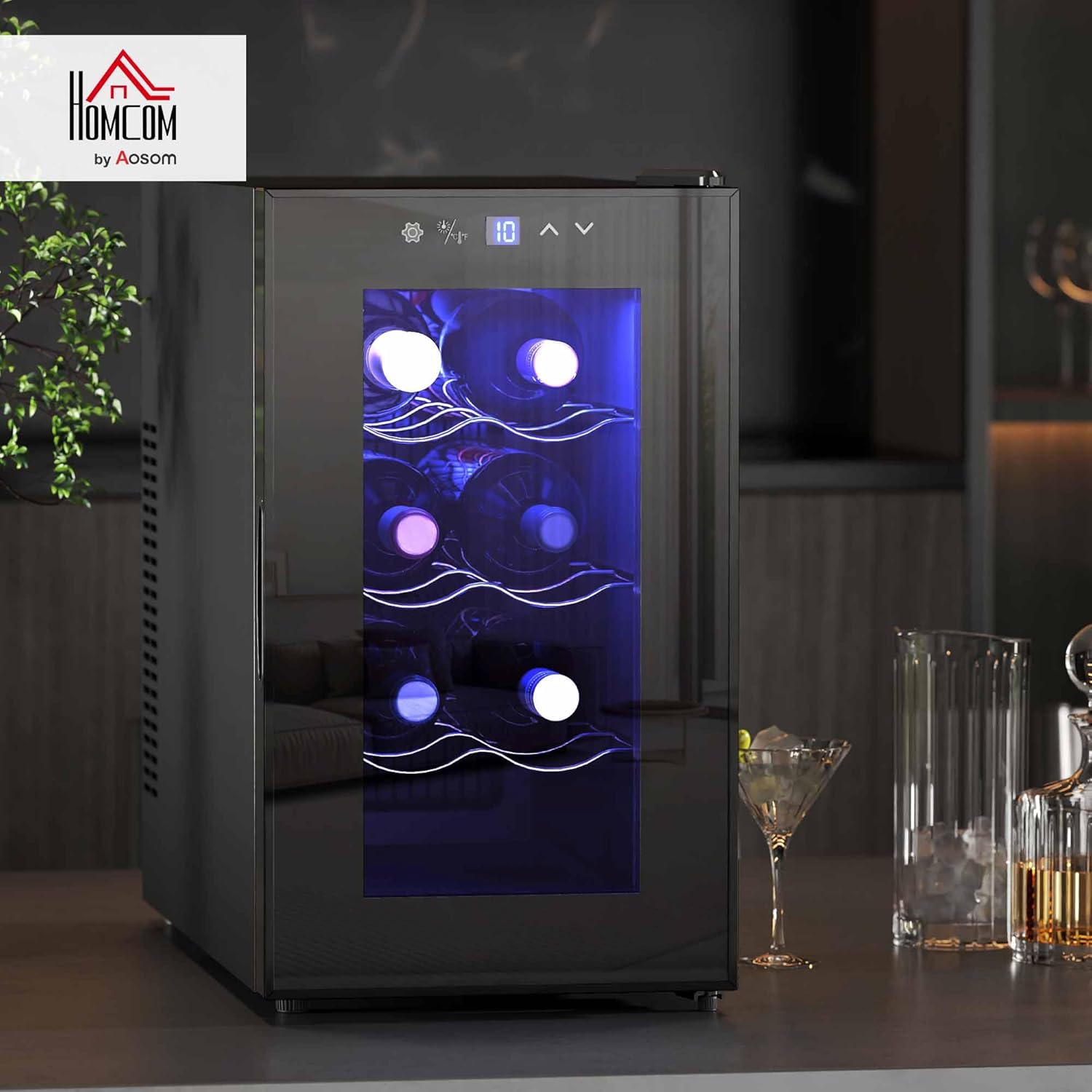 HOMCOM Weinkühlschrank 1 Zonen für 8 Flaschen, 21L, 8-18 °C, Getränkekühlschrank mit UV-beständige Dreifachverglaste Tür, Thermoelektrik, Verstellbare Regale, LED Touch-Display & -Beleuchtung Schwarz — Ansicht 2