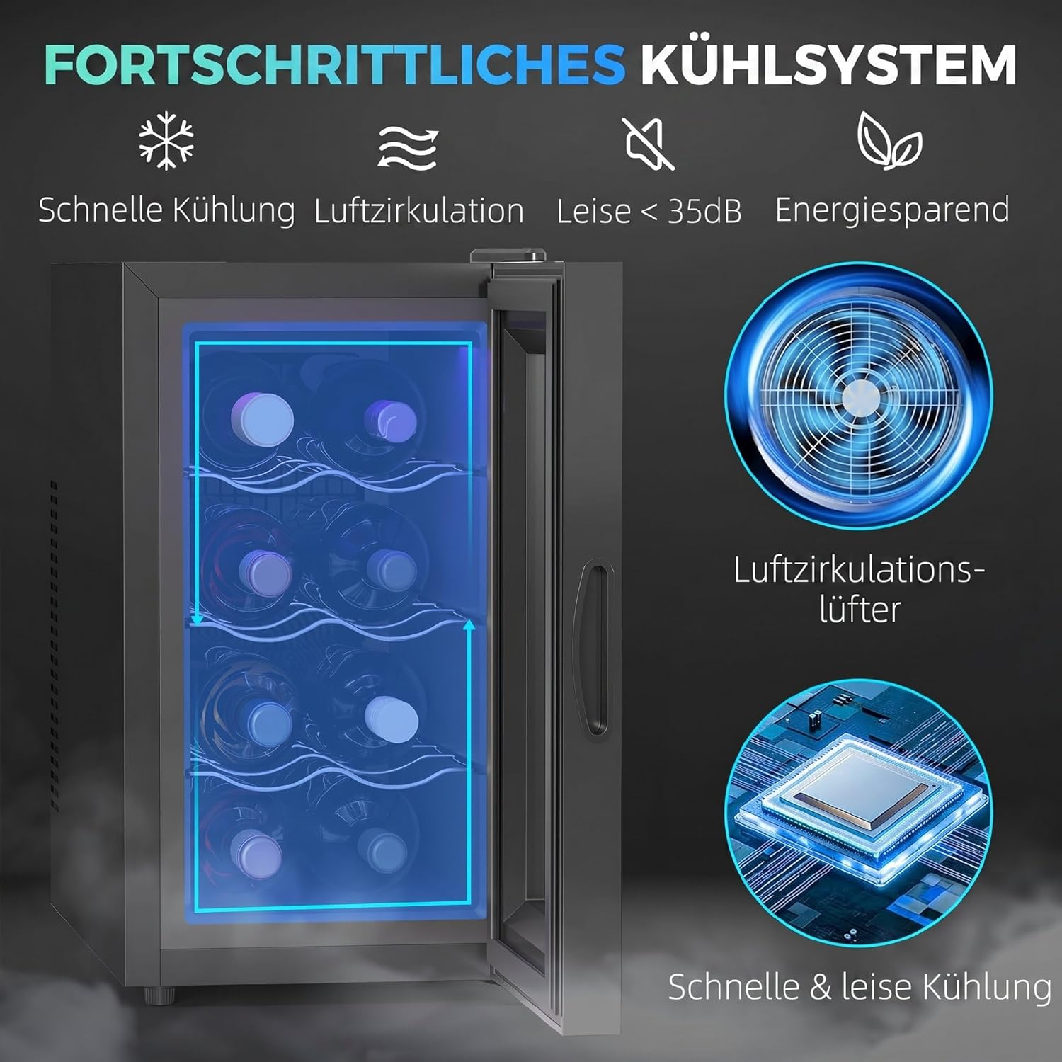 HOMCOM Weinkühlschrank 1 Zonen für 8 Flaschen, 21L, 8-18 °C, Getränkekühlschrank mit UV-beständige Dreifachverglaste Tür, Thermoelektrik, Verstellbare Regale, LED Touch-Display & -Beleuchtung Schwarz — Ansicht 3