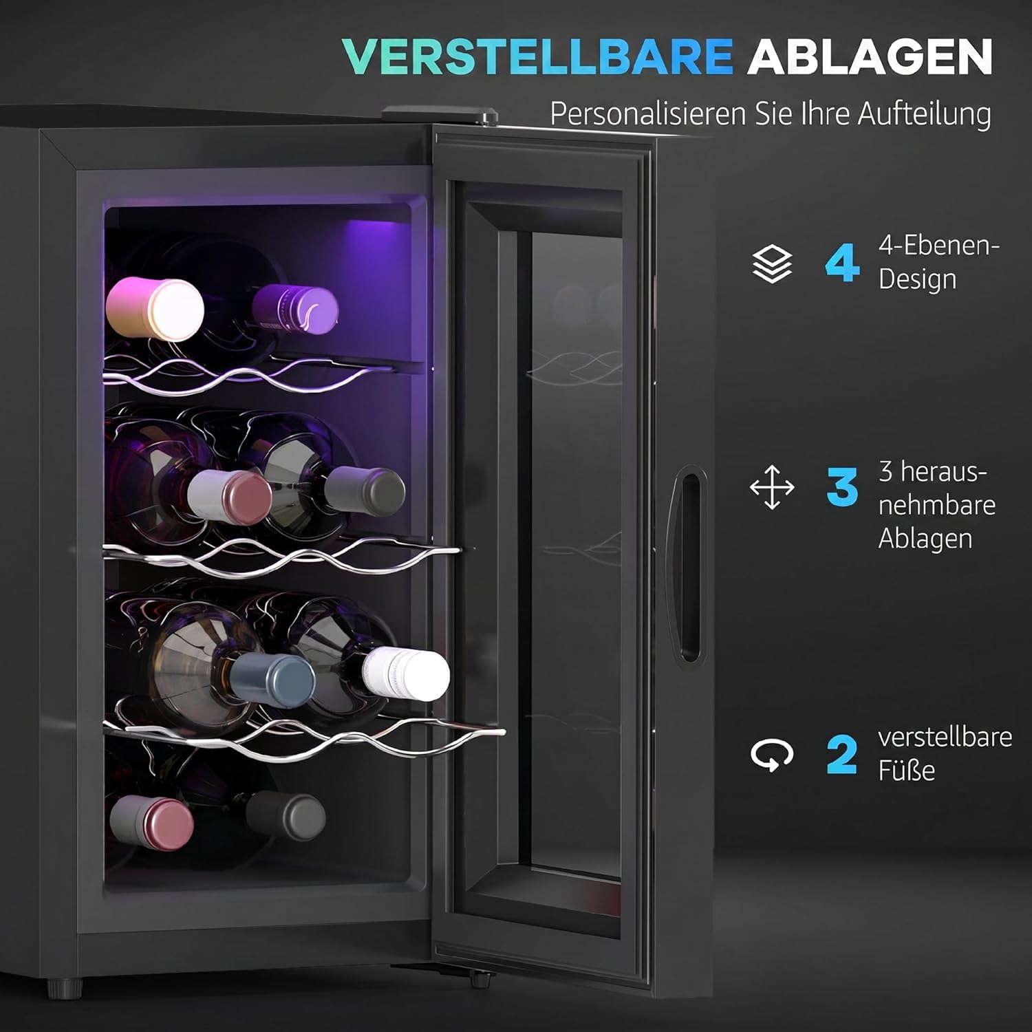 HOMCOM Weinkühlschrank 1 Zonen für 8 Flaschen, 21L, 8-18 °C, Getränkekühlschrank mit UV-beständige Dreifachverglaste Tür, Thermoelektrik, Verstellbare Regale, LED Touch-Display & -Beleuchtung Schwarz — Ansicht 5