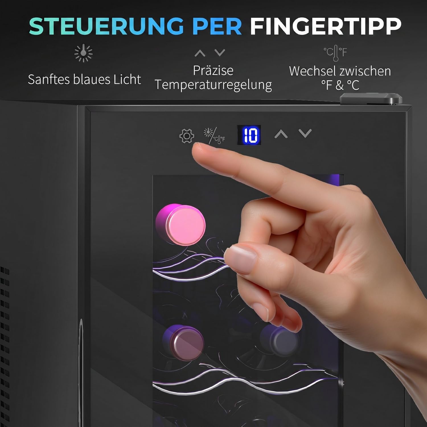 HOMCOM Weinkühlschrank 1 Zonen für 8 Flaschen, 21L, 8-18 °C, Getränkekühlschrank mit UV-beständige Dreifachverglaste Tür, Thermoelektrik, Verstellbare Regale, LED Touch-Display & -Beleuchtung Schwarz — Ansicht 6