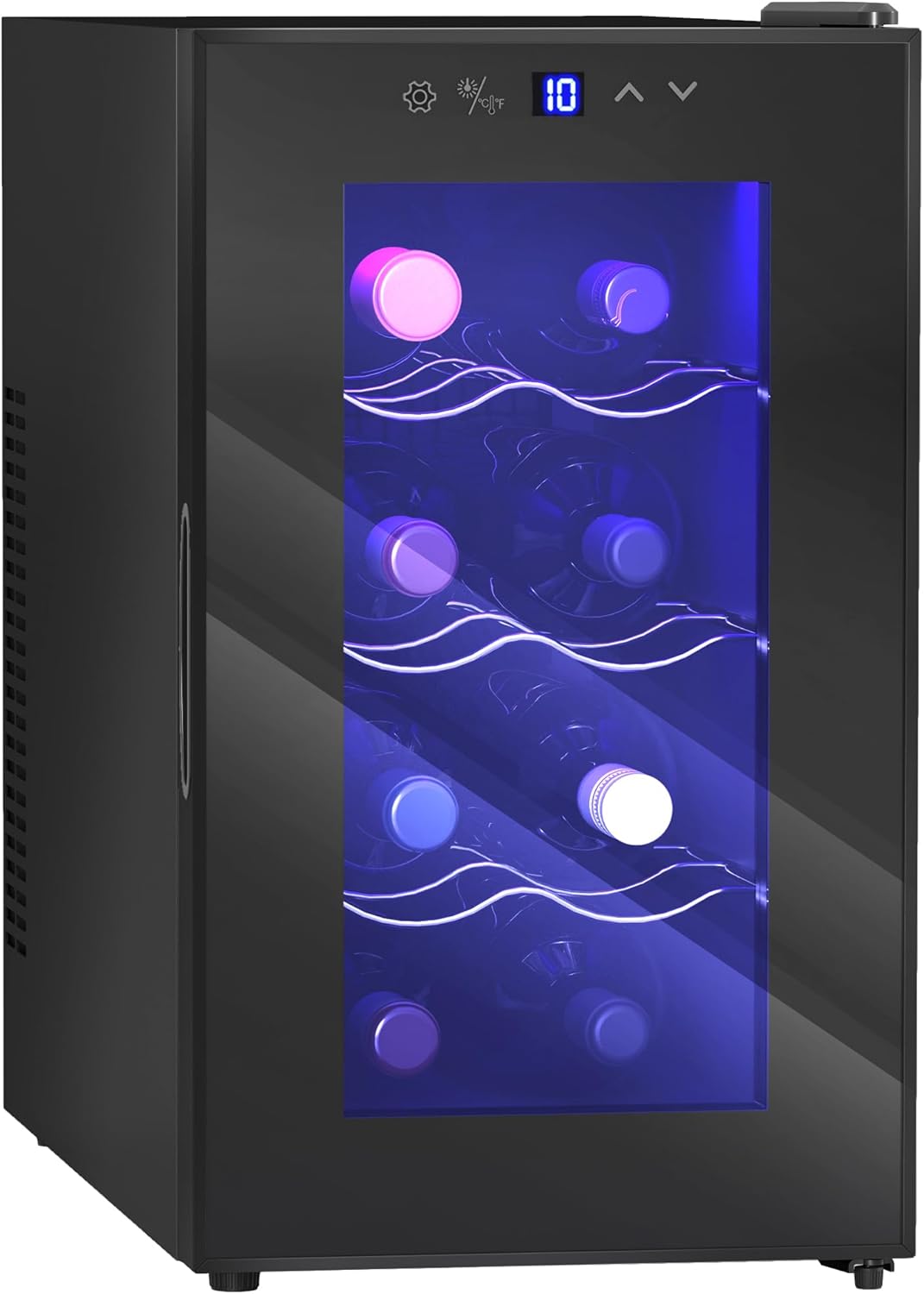 HOMCOM Weinkühlschrank 1 Zonen für 8 Flaschen, 21L, 8-18 °C, Getränkekühlschrank mit UV-beständige Dreifachverglaste Tür, Thermoelektrik, Verstellbare Regale, LED Touch-Display & -Beleuchtung Schwarz