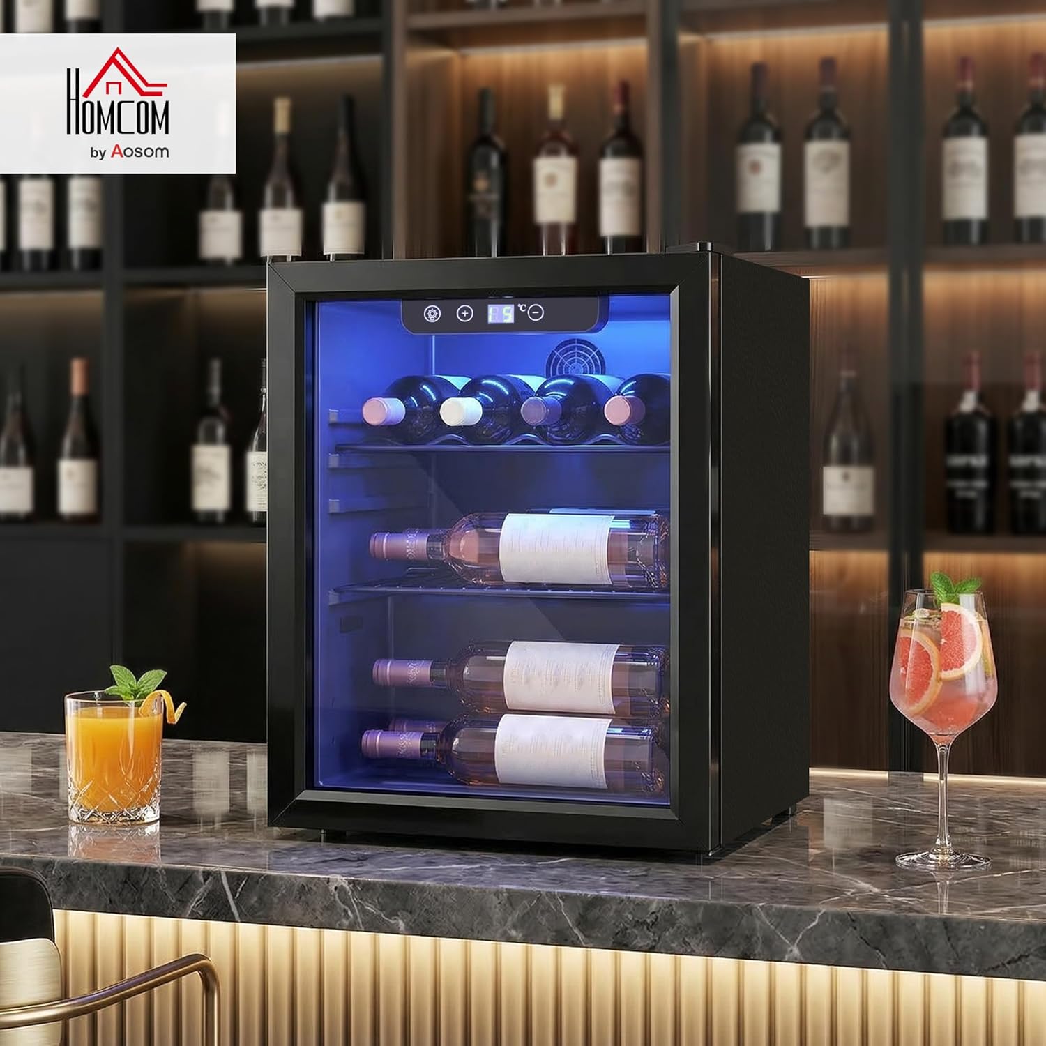 HOMCOM Weinkühlschrank 16 Flaschen 48 Liter Getränkekühlschrank Klein, Weinschrank Flaschenkühlschrank mit 4-16°C, Doppelglastür, LED-Beleuchtung, LED Display, Wine Fridge, Schwarz — Ansicht 2