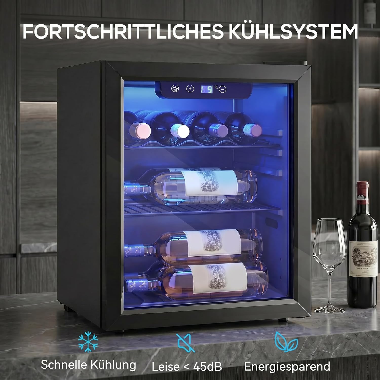 HOMCOM Weinkühlschrank 16 Flaschen 48 Liter Getränkekühlschrank Klein, Weinschrank Flaschenkühlschrank mit 4-16°C, Doppelglastür, LED-Beleuchtung, LED Display, Wine Fridge, Schwarz — Ansicht 3