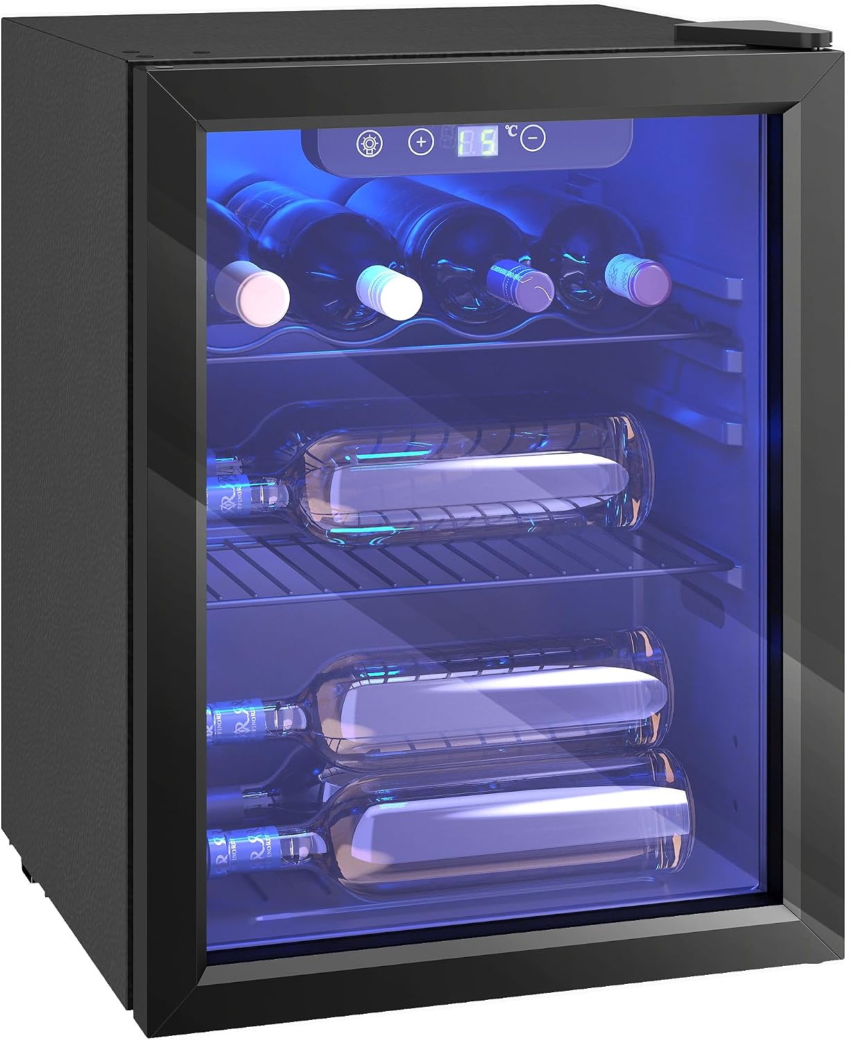 HOMCOM Weinkühlschrank 16 Flaschen 48 Liter Getränkekühlschrank Klein, Weinschrank Flaschenkühlschrank mit 4-16°C, Doppelglastür, LED-Beleuchtung, LED Display, Wine Fridge, Schwarz