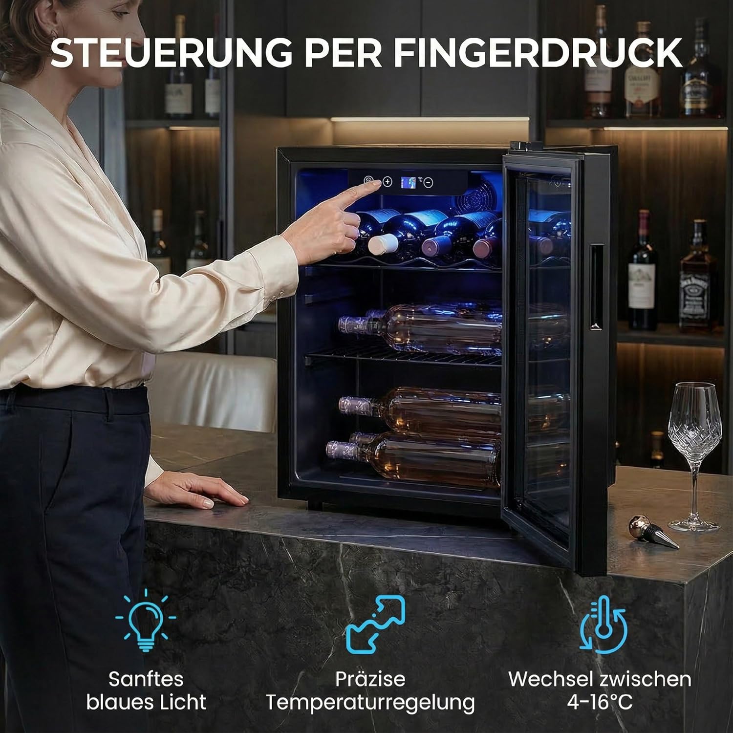 HOMCOM Weinkühlschrank 16 Flaschen 48 Liter Getränkekühlschrank Klein, Weinschrank Flaschenkühlschrank mit 4-16°C, Doppelglastür, LED-Beleuchtung, LED Display, Wine Fridge, Schwarz — Ansicht 4