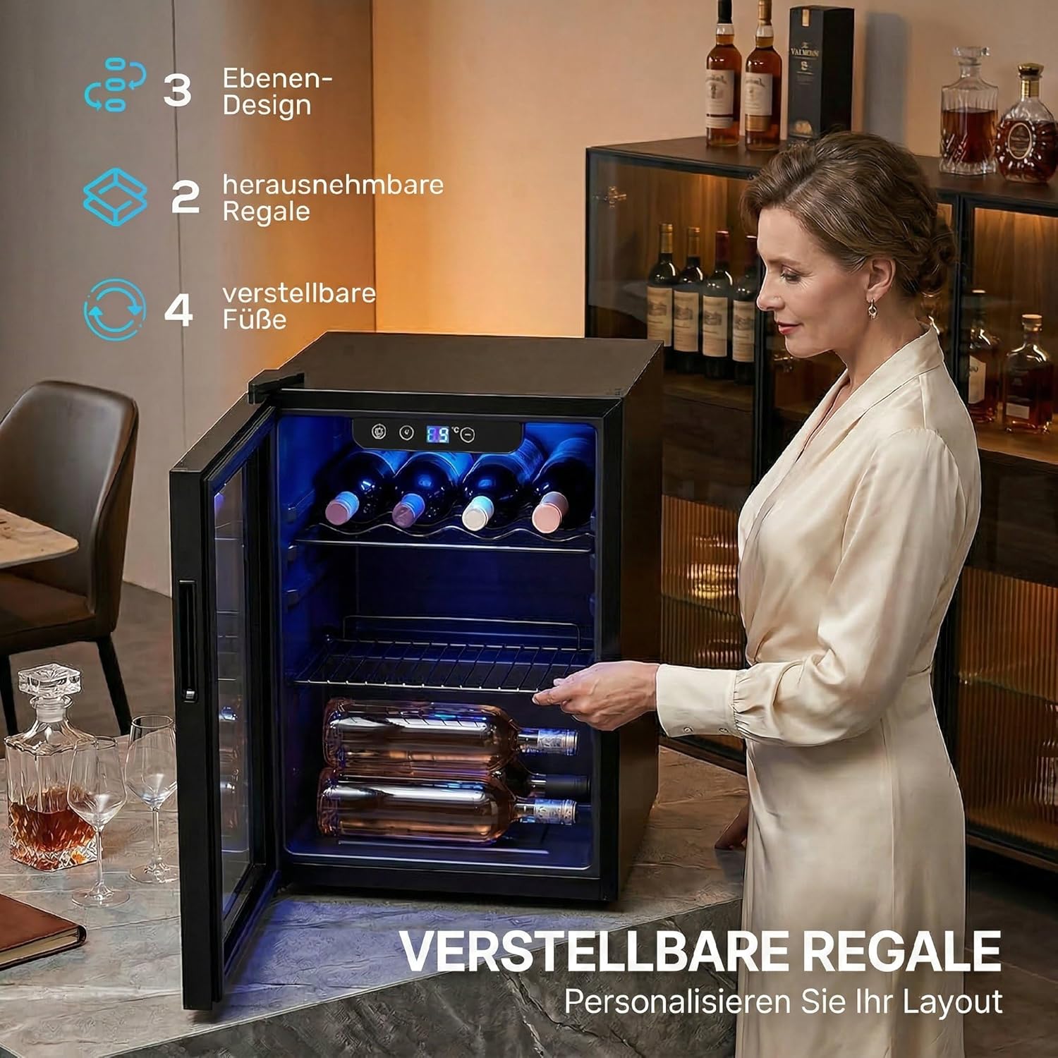 HOMCOM Weinkühlschrank 16 Flaschen 48 Liter Getränkekühlschrank Klein, Weinschrank Flaschenkühlschrank mit 4-16°C, Doppelglastür, LED-Beleuchtung, LED Display, Wine Fridge, Schwarz — Ansicht 5