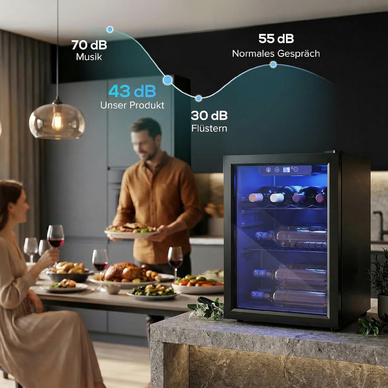 HOMCOM Weinkühlschrank 16 Flaschen 48 Liter Getränkekühlschrank Klein, Weinschrank Flaschenkühlschrank mit 4-16°C, Doppelglastür, LED-Beleuchtung, LED Display, Wine Fridge, Schwarz — Ansicht 6