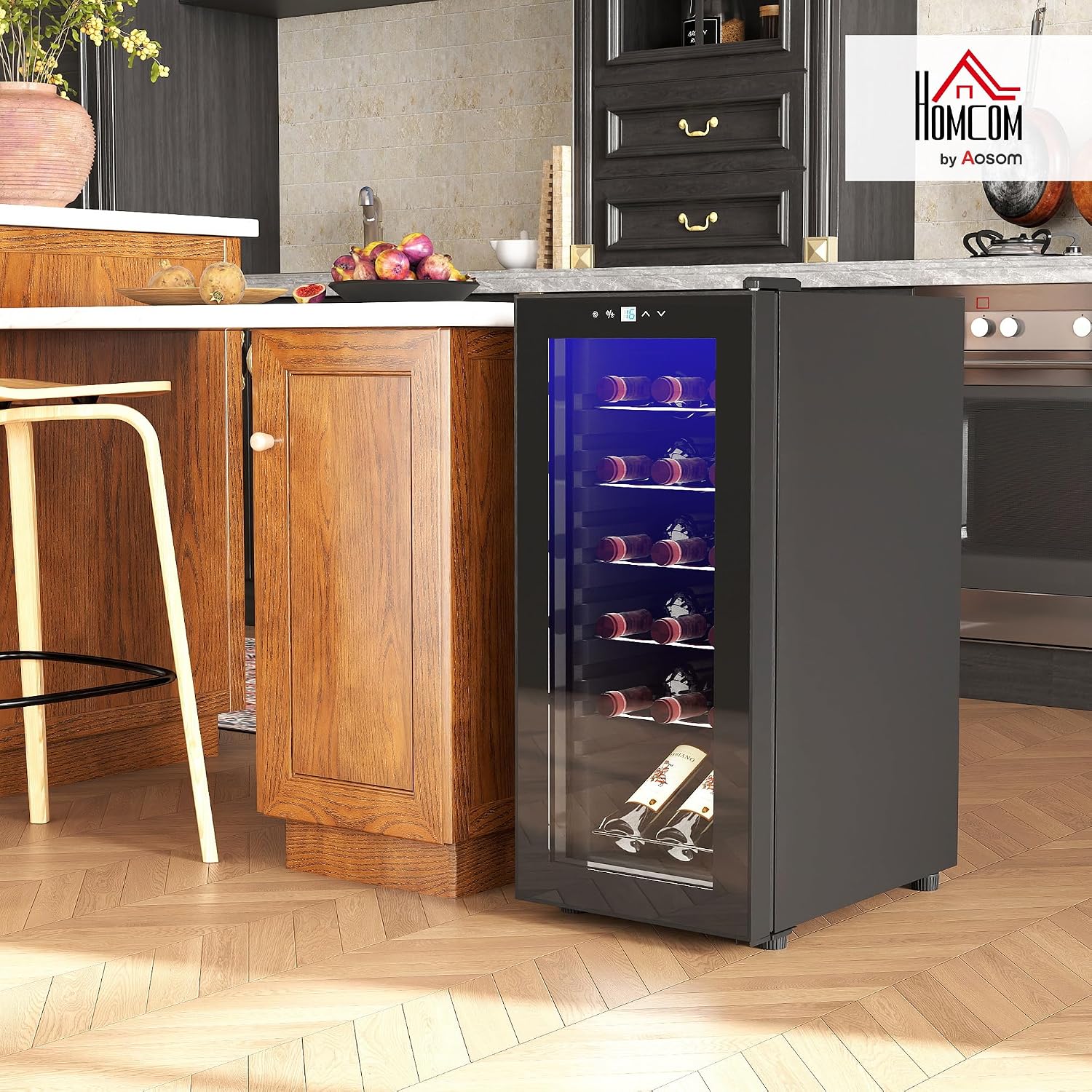 HOMCOM Weinkühlschrank Kompressor 18 Flaschen 50L Getränkekühlschrank, Flaschenkühlschrank 5-18°C mit Verstellbar Regal, Touchscreen, Glastür, LED-Beleuchtung, Schwarz — Ansicht 2