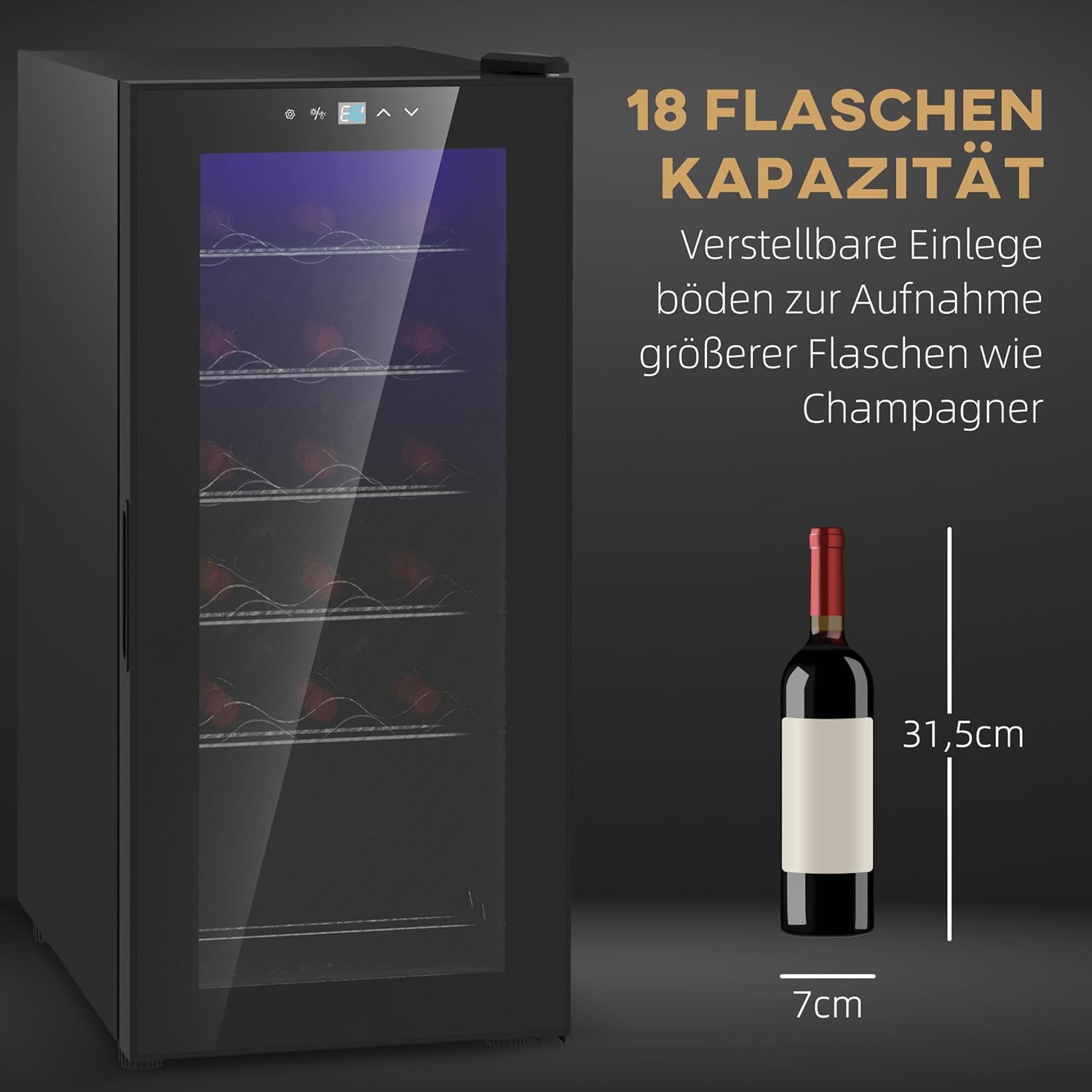 HOMCOM Weinkühlschrank Kompressor 18 Flaschen 50L Getränkekühlschrank, Flaschenkühlschrank 5-18°C mit Verstellbar Regal, Touchscreen, Glastür, LED-Beleuchtung, Schwarz — Ansicht 3