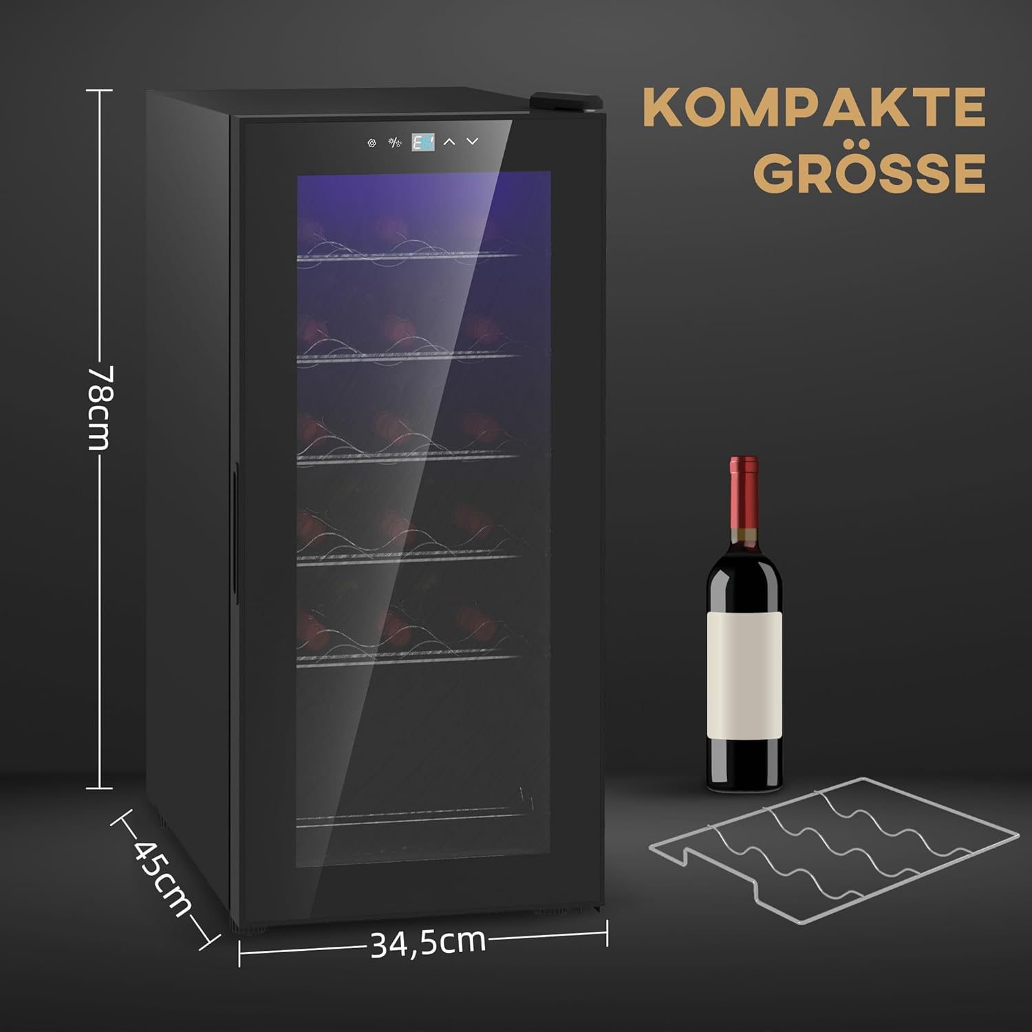 HOMCOM Weinkühlschrank Kompressor 18 Flaschen 50L Getränkekühlschrank, Flaschenkühlschrank 5-18°C mit Verstellbar Regal, Touchscreen, Glastür, LED-Beleuchtung, Schwarz — Ansicht 4