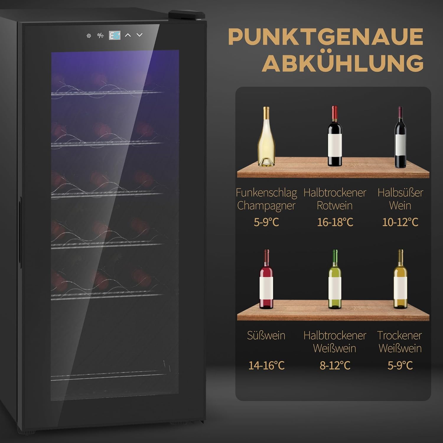 HOMCOM Weinkühlschrank Kompressor 18 Flaschen 50L Getränkekühlschrank, Flaschenkühlschrank 5-18°C mit Verstellbar Regal, Touchscreen, Glastür, LED-Beleuchtung, Schwarz — Ansicht 5