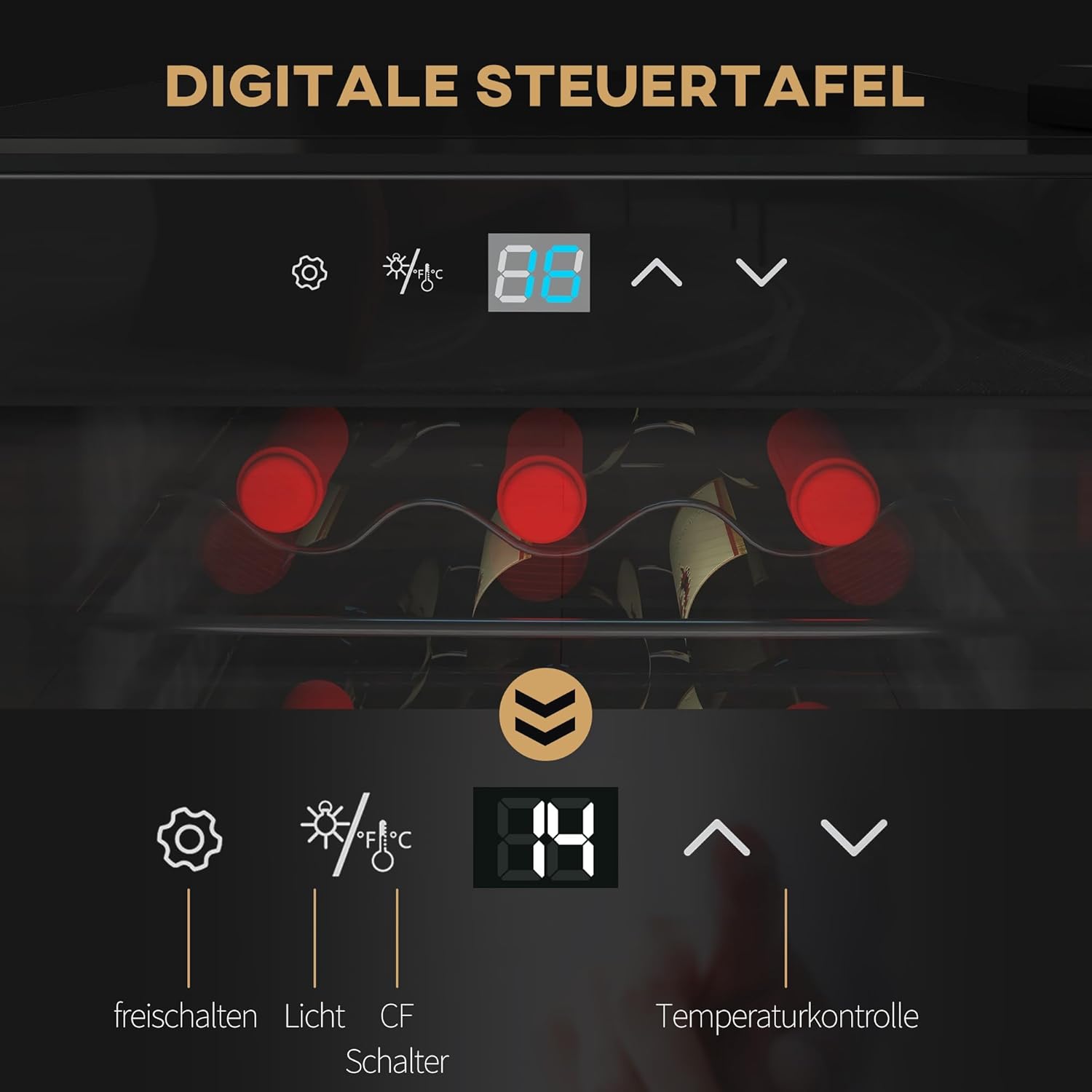 HOMCOM Weinkühlschrank Kompressor 18 Flaschen 50L Getränkekühlschrank, Flaschenkühlschrank 5-18°C mit Verstellbar Regal, Touchscreen, Glastür, LED-Beleuchtung, Schwarz — Ansicht 6
