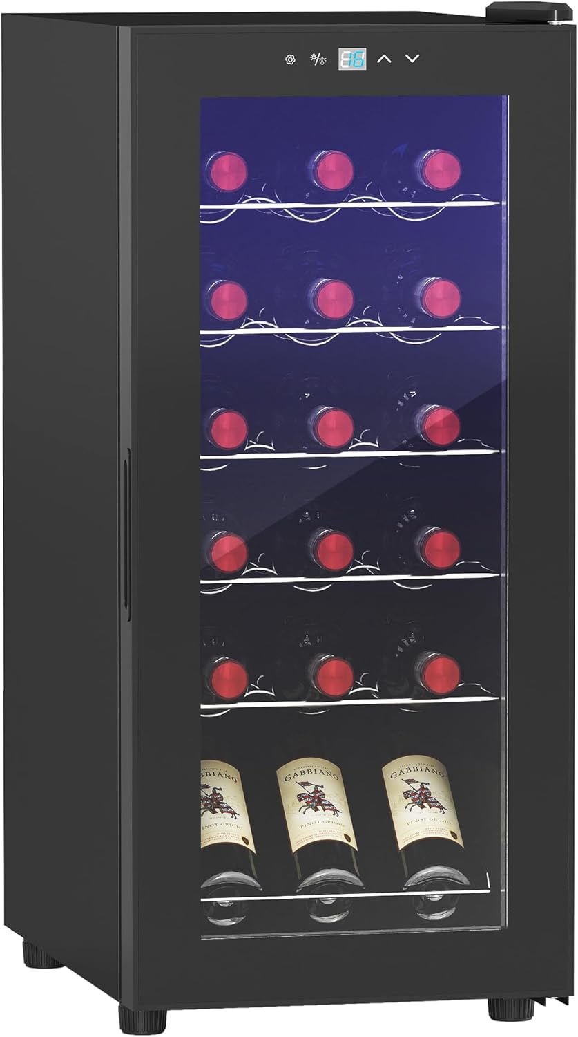 HOMCOM Weinkühlschrank Kompressor 18 Flaschen 50L Getränkekühlschrank, Flaschenkühlschrank 5-18°C mit Verstellbar Regal, Touchscreen, Glastür, LED-Beleuchtung, Schwarz