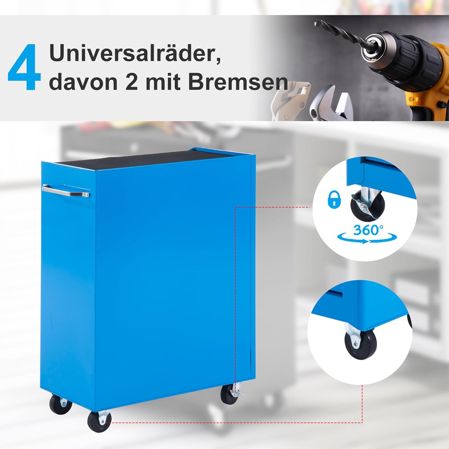 HOMCOM Werkstattwagen 5 Schubladen Werkzeugwagen leer abschließbar mit 4 Rollen mit 2 Feststellbremsen, 2 Schlüssel Blau — Ansicht 5