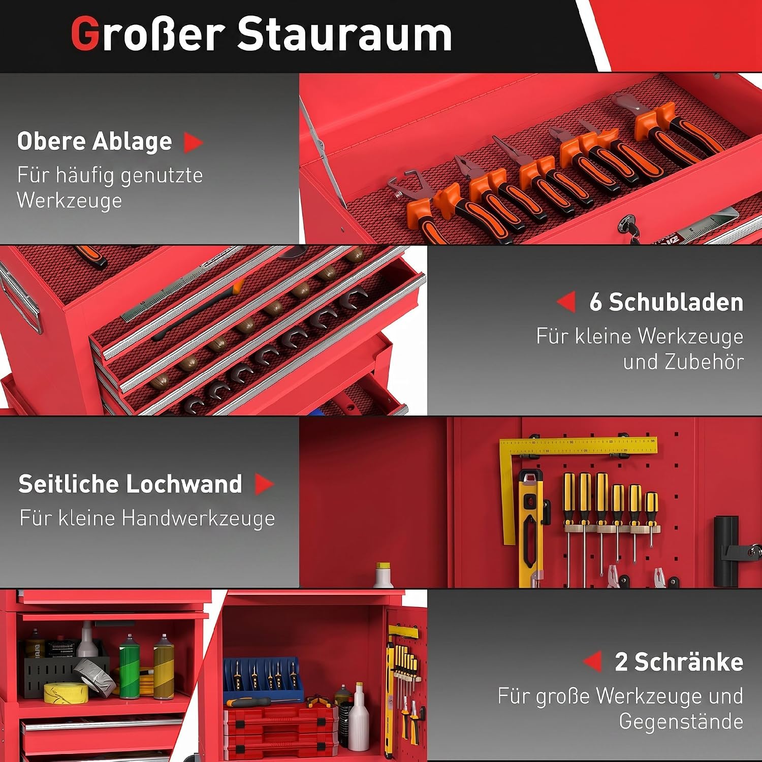 HOMCOM Werkstattwagen inkl. Koffer, 6 Schubladen und Lochwand, abschließbar Werkzeugwagen leer mit Griff Werkzeugschrank aus Stahl mit Rollen, Griff Rot — Ansicht 4