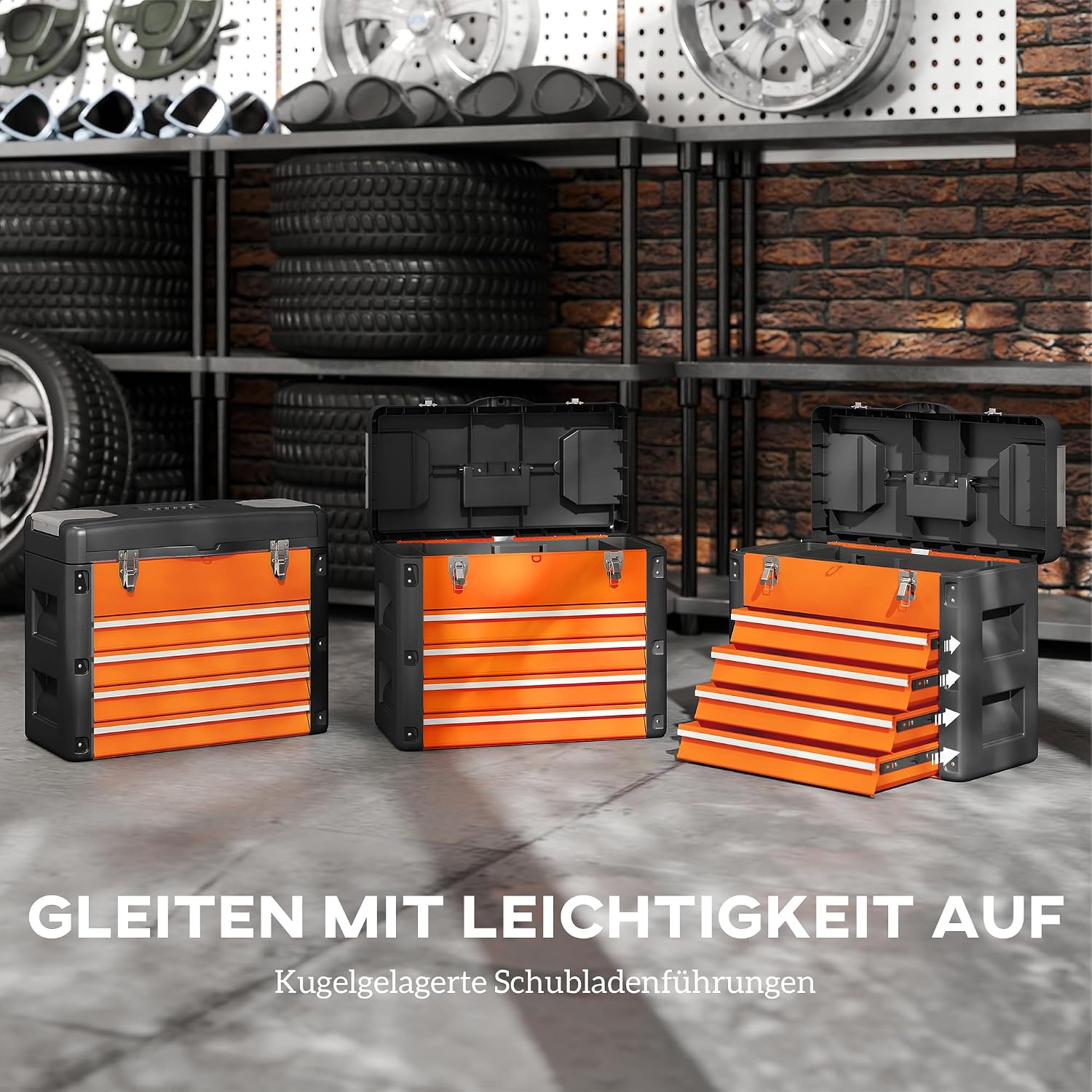 HOMCOM Werkzeugkoffer leer, robust Werkzeugkasten mit 4 Schublade Fächer Tragegriff, Werkzeugkiste Werkzeugbox für Werkzeuge Haushalt Werkstatt Orange — Ansicht 5