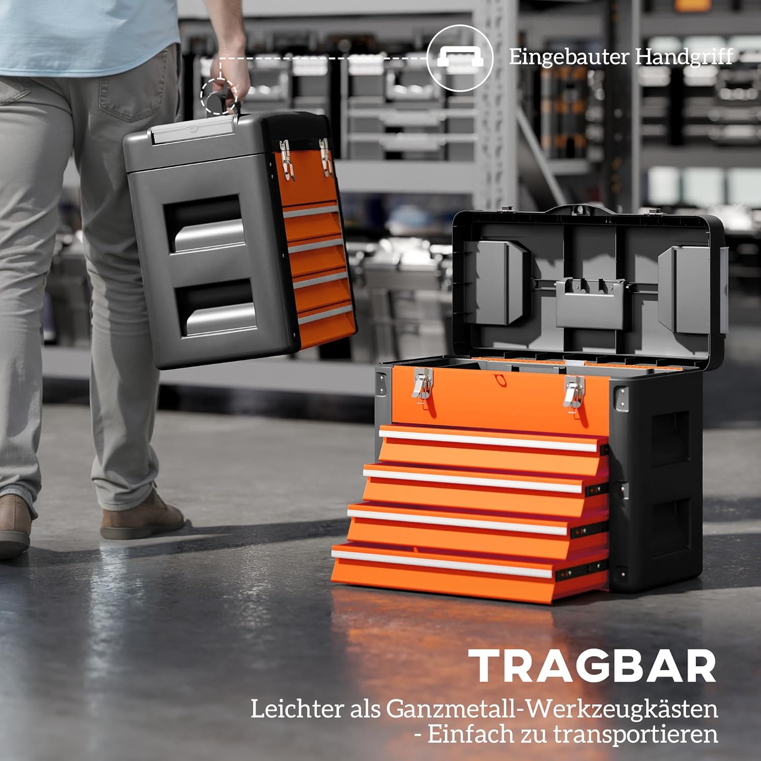 HOMCOM Werkzeugkoffer leer, robust Werkzeugkasten mit 4 Schublade Fächer Tragegriff, Werkzeugkiste Werkzeugbox für Werkzeuge Haushalt Werkstatt Orange — Ansicht 6