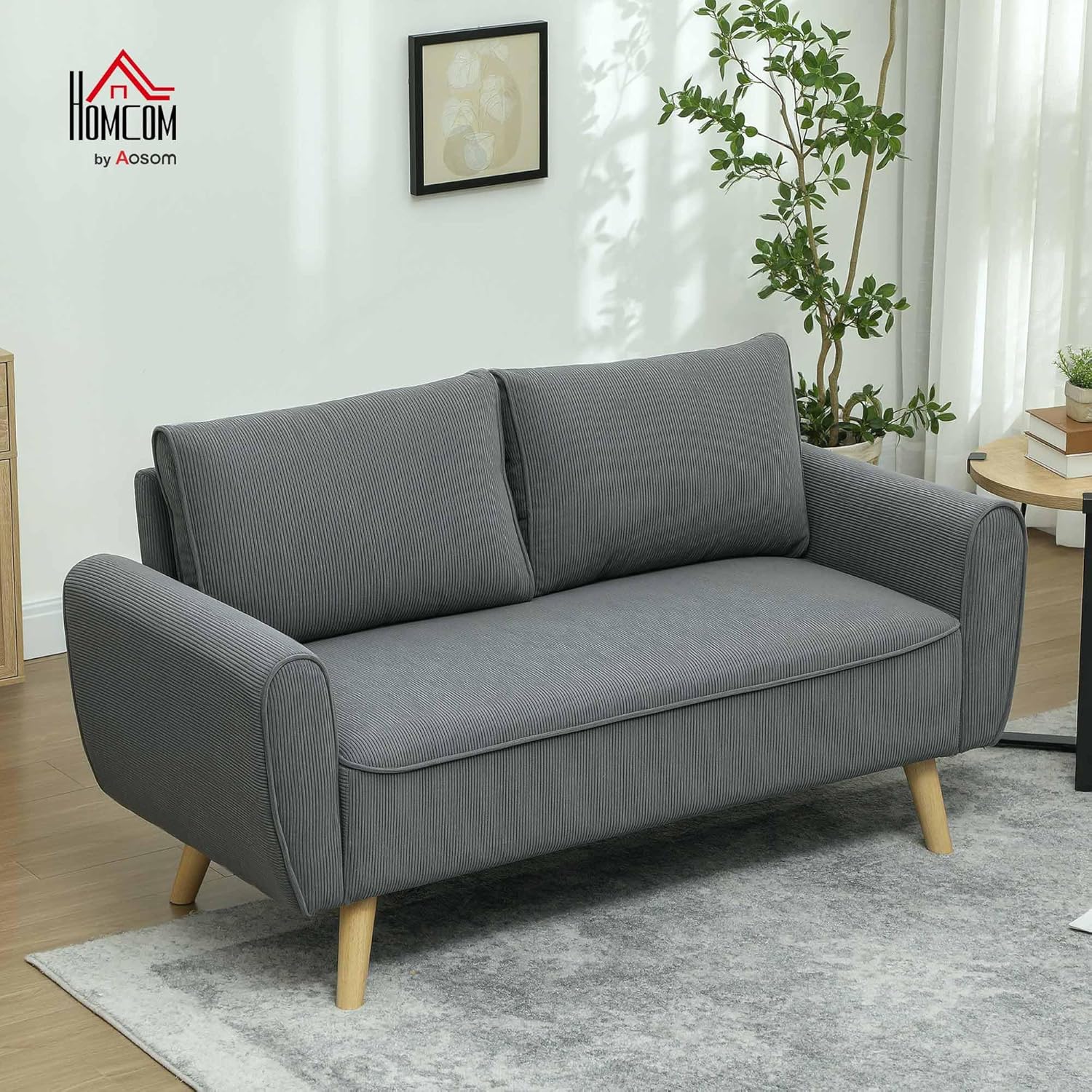 HOMCOM Zweisitzer Sofa mit 2 Kissen, Polstersofa mit 54cm extra tiefen Sitzen, Doppelsofa aus Cord, klein Sofa mit Holzrahmen 2er Couch für Wohnzimmer Schlafzimmer Büro, 145 x 75 x 78 cm, Dunkelgrau — Ansicht 2