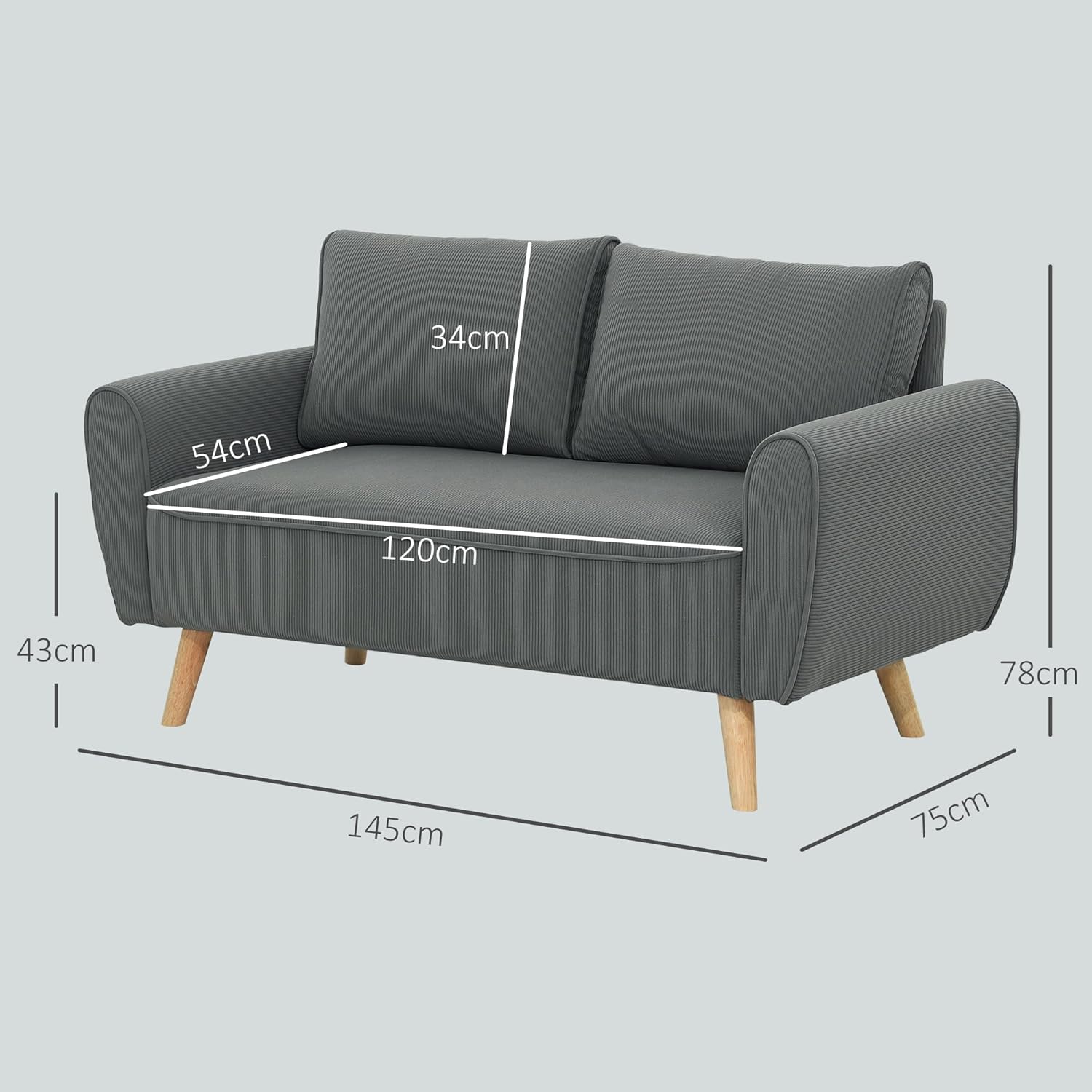 HOMCOM Zweisitzer Sofa mit 2 Kissen, Polstersofa mit 54cm extra tiefen Sitzen, Doppelsofa aus Cord, klein Sofa mit Holzrahmen 2er Couch für Wohnzimmer Schlafzimmer Büro, 145 x 75 x 78 cm, Dunkelgrau — Ansicht 3