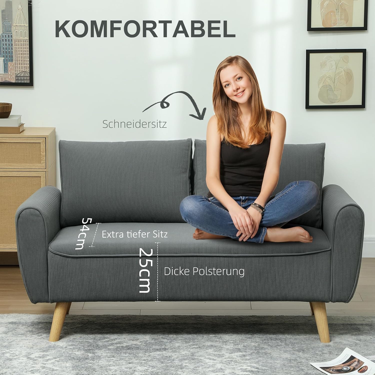 HOMCOM Zweisitzer Sofa mit 2 Kissen, Polstersofa mit 54cm extra tiefen Sitzen, Doppelsofa aus Cord, klein Sofa mit Holzrahmen 2er Couch für Wohnzimmer Schlafzimmer Büro, 145 x 75 x 78 cm, Dunkelgrau — Ansicht 4