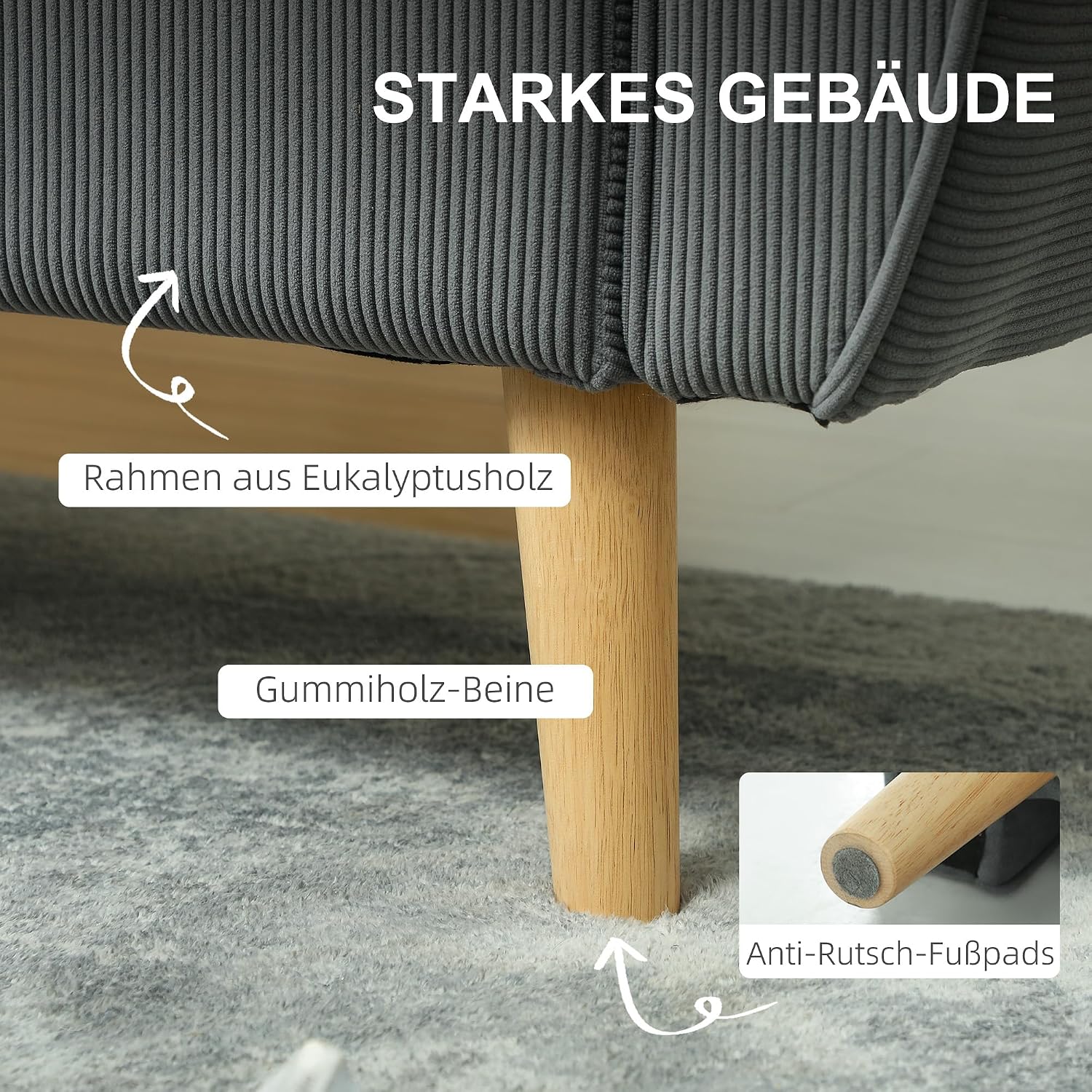 HOMCOM Zweisitzer Sofa mit 2 Kissen, Polstersofa mit 54cm extra tiefen Sitzen, Doppelsofa aus Cord, klein Sofa mit Holzrahmen 2er Couch für Wohnzimmer Schlafzimmer Büro, 145 x 75 x 78 cm, Dunkelgrau — Ansicht 6